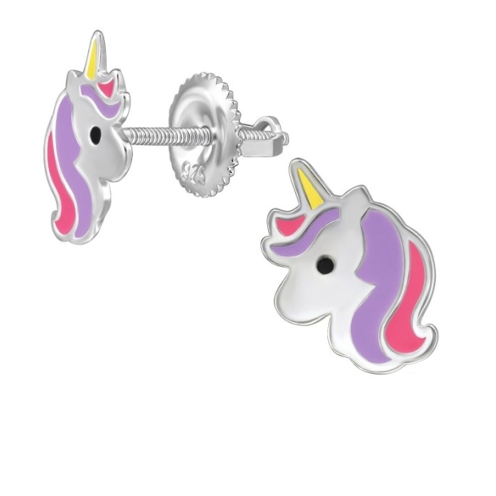 Detské strieborné náušničky Jednorožec, so skrutkovacou puzetou