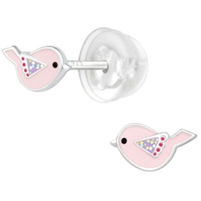 Detské strieborné náušničky premium Vtáčik ružový, puzetové