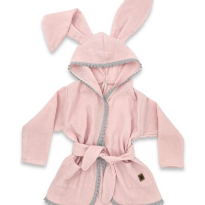 Detský mušelínový župan s uškami Bunny - pudrovo ružová