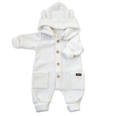 Detský pletený overálok s odopínacou kapucňou - kokosovo biely, 80/86