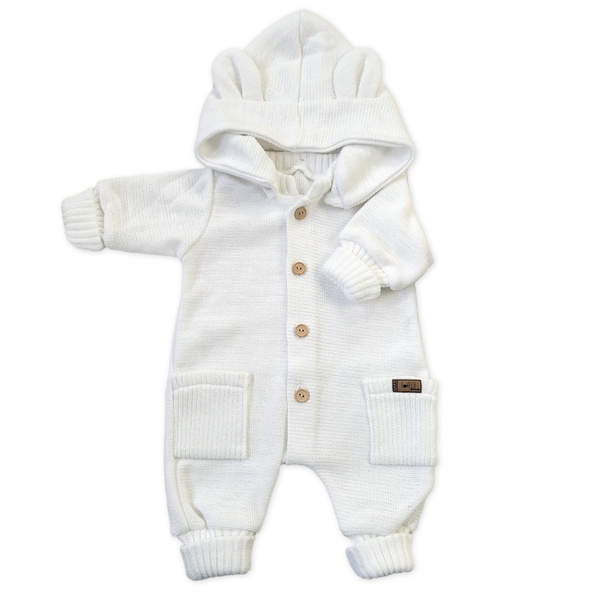 Detský pletený overálok s odopínacou kapucňou - kokosovo biely, 80/86