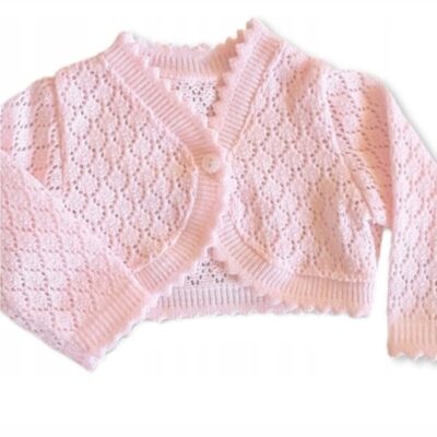 Dievčenské pletené, ažúrkové bolerko, dl. rukáv - sv. ružové