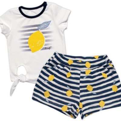 Dievčenské tričko+kraťasy 2D sada, Citrónky, Mrofi, biela/modrá