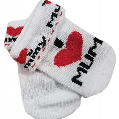 Dojčenské bavlnené ponožky I Love Mum, biele s potlačou