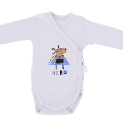 Dojčenské body, dlhý rukáv Mamatti, zap. bokom, Hero, šedé, veľ. 56