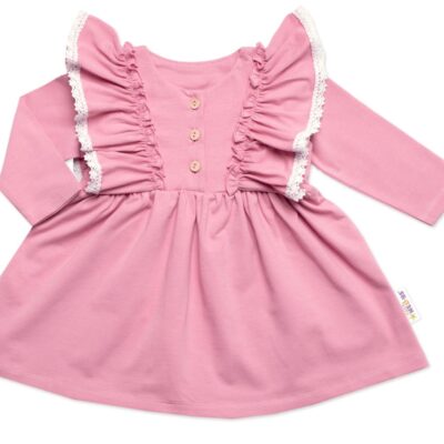 Dojčenské šaty dlhý rukáv s volánikmi Amálka, bavlna, Mrofi, púdrovo ružové, veľ. 92