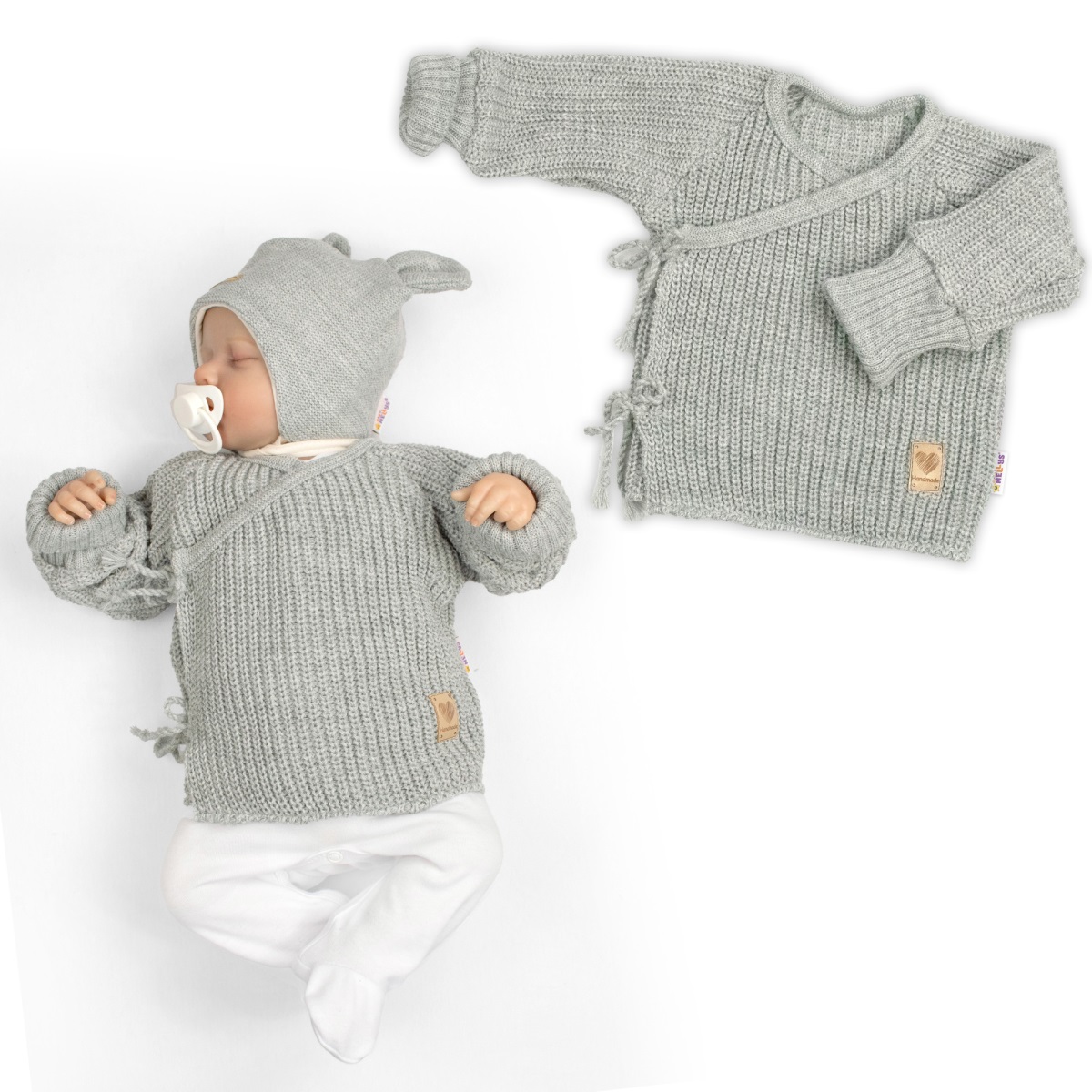Dojčenský svetrík, rastúci, na zaväzovanie na boku - šedý