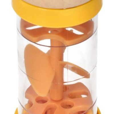 Drevená hrkálka / dažďová sprcha s guličkami, Mačička - žlté