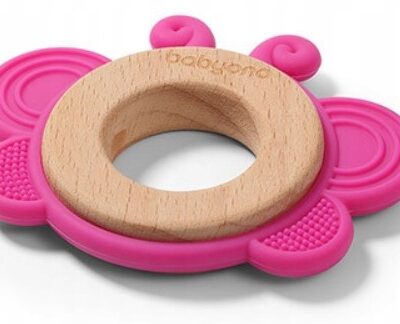 Drevené, silikónové hryzátko BabyOno - Motýlik, ružové