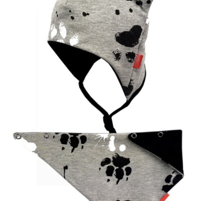 Dvojvrstvová čiapka na zaväzovanie s uškami + šatka Bexa - Labky, sivá, veľ. 62/68