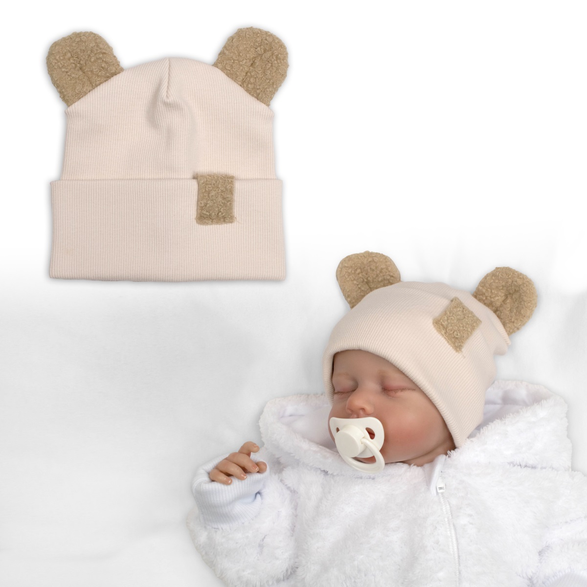 Dvojvrstvová rebrovaná čiapočka s uškami boucle medvedík - béžová, 68/74