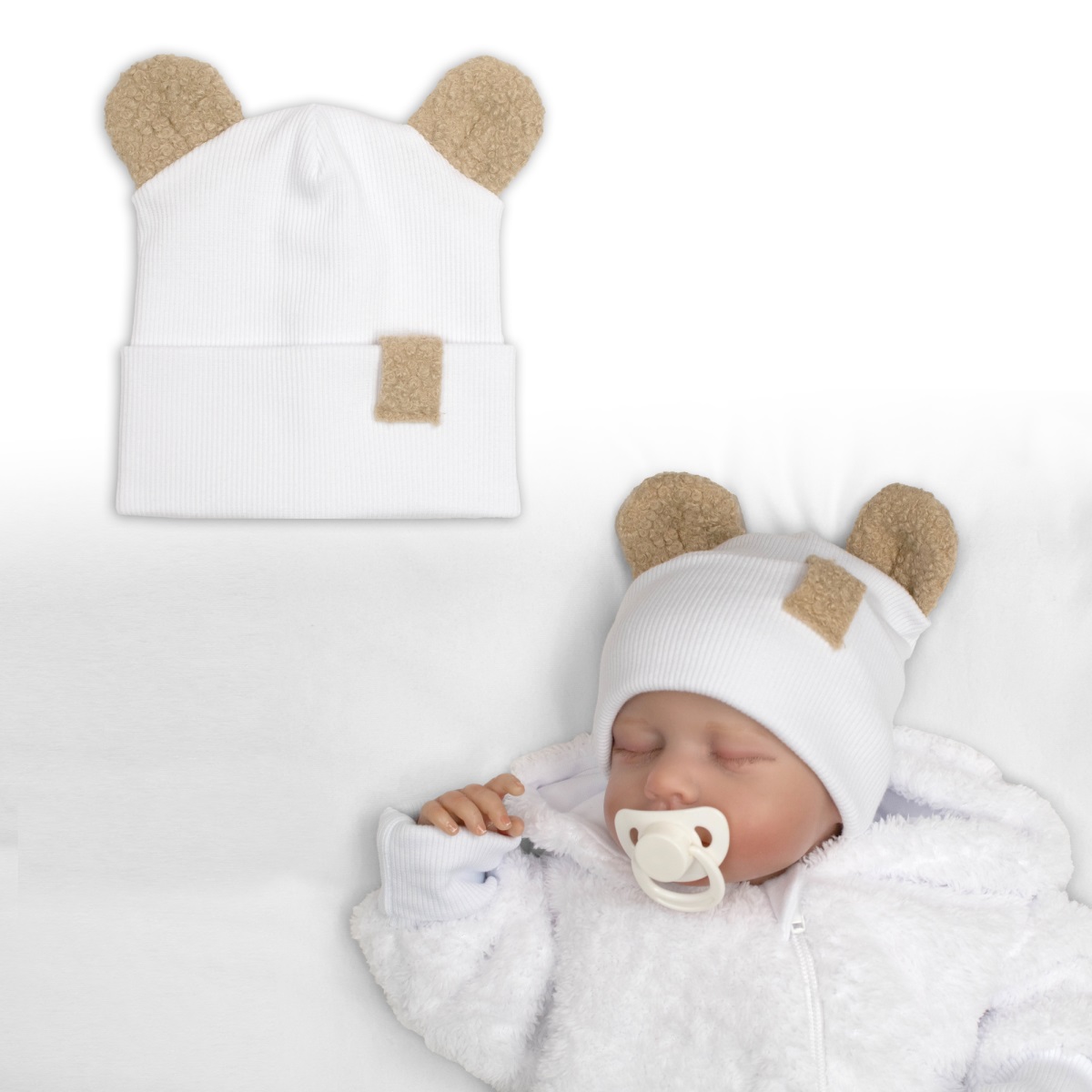 Dvojvrstvová rebrovaná čiapočka s uškami boucle medvedík - biela