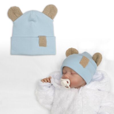 Dvojvrstvová rebrovaná čiapočka s uškami boucle medvedík - modrá, 68/74