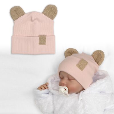 Dvojvrstvová rebrovaná čiapočka s uškami boucle medvedík - ružová, 68/74