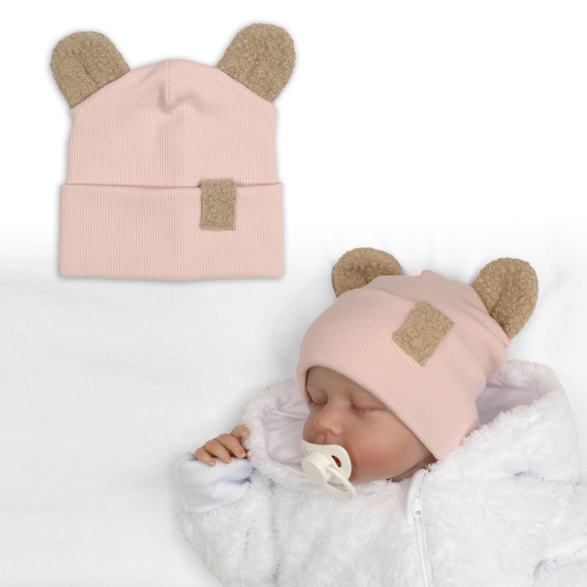 Dvojvrstvová rebrovaná čiapočka s uškami boucle medvedík - ružová, 68/74