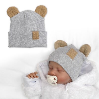 Dvojvrstvová rebrovaná čiapočka s uškami boucle medvedík - šedý melír, 68/74