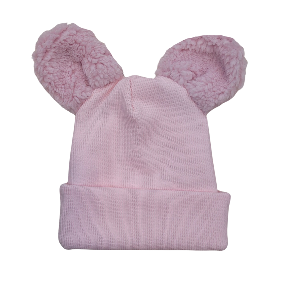 Dvojvrstvová rebrovaná čiapočka s uškami medvedík - růžová