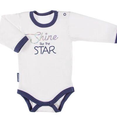 EEVI Dojčenské body dl. rukáv, zapínanie u krku Cosmos - bílé s modrým lemem, veľ. 80