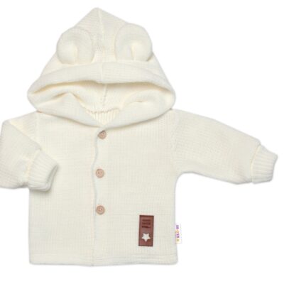 Elegantný pletený svetrík s gombíkmi a kapucňou s uškami Baby Nellys, ecru, veľ. 86