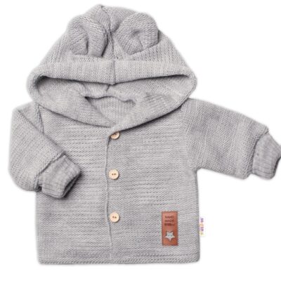Elegantný pletený svetrík s gombíkmi a kapucňou s uškami Baby Nellys, sivý