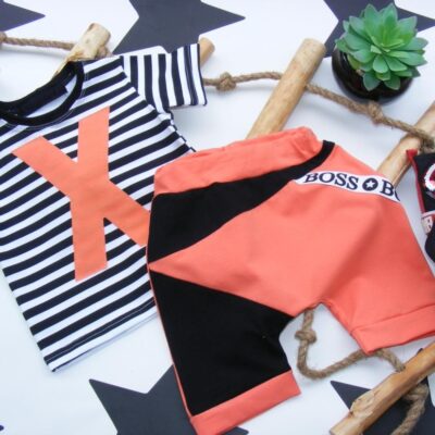 G-baby 2-dielna sada tričko kr. rukáv, kraťasky New Boss X - prúžok, tehlová
