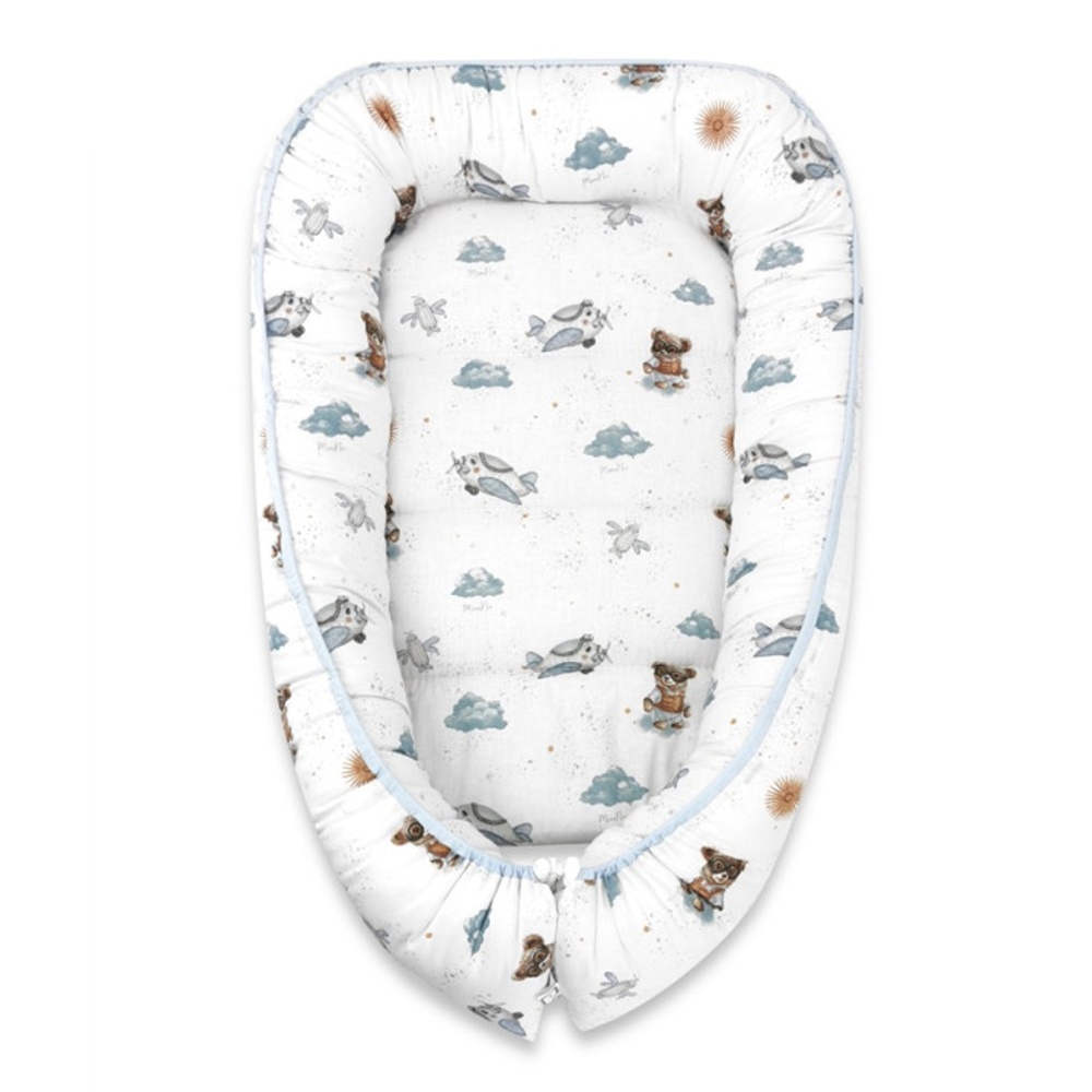 Hniezdočko, kokon pre bábätko, bavlna, Méďa pilot - biela, modrá