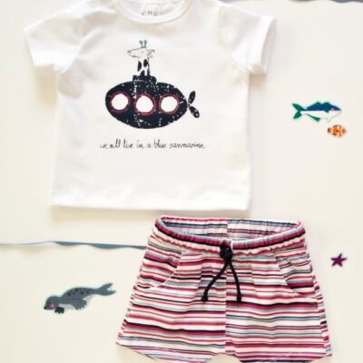 K-Baby 2 dielna detská súprava, triko s kraťasky For Boy - proužky červené, modré, veľ. 80