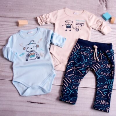 K-Baby 3-dielna sada - 2x body dl. rukáv, tepláčky, New Robot Baby, béžová,sv. modrá