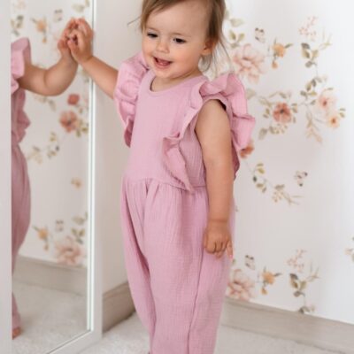 Letný mušelínový overálok pre dievčatká s volánikom Star - staroružová, veľ. 110