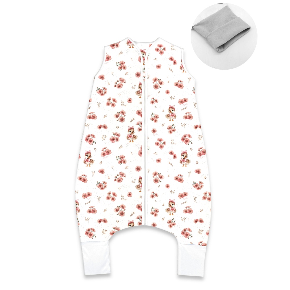 Letný spací vak so zahrnovacími nohavičkami, bavlna, Kačičky - biela, púdrovo ružová, S