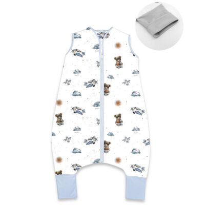 Letný spací vak so zahrnovacími nohavičkami, bavlna, Méďa pilot - biela, modrá, veľ. M