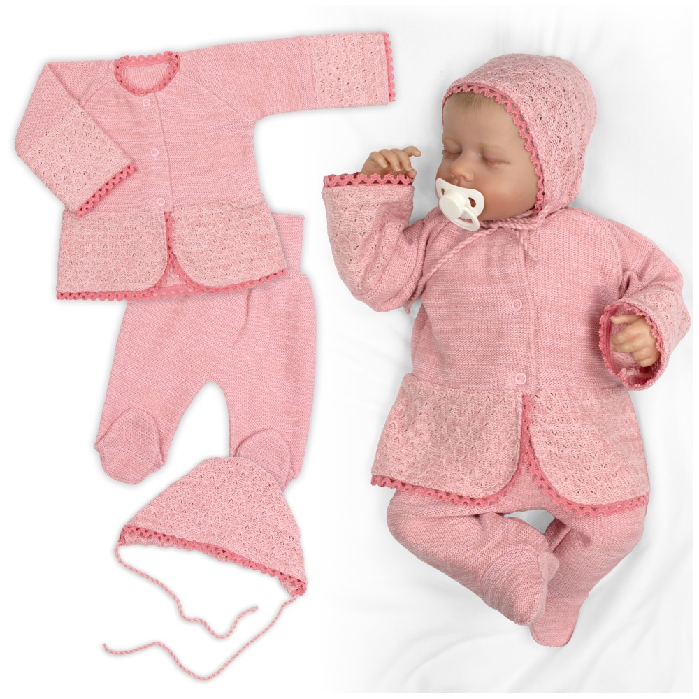 Luxusná pletená sada, kabátik, polodupačky a čiapky, 3D - púdrovo růžová, veľ. 74