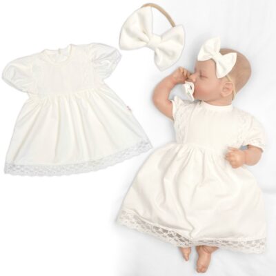 Luxusné šatôčky s čipkou LOVE, krátkym rukávom + čelenka, 2D sada, smotanové