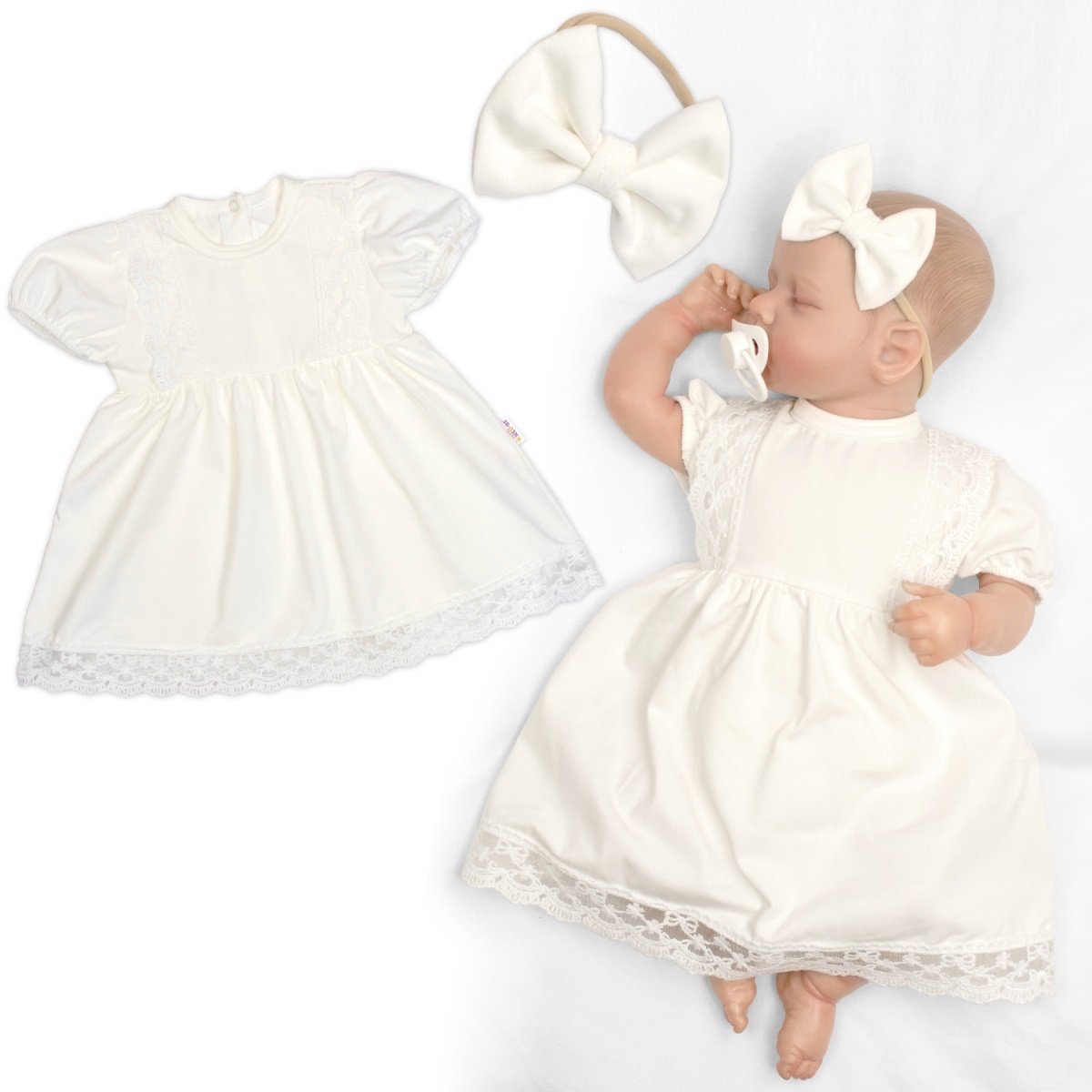 Luxusné šatôčky s čipkou LOVE, krátkym rukávom + čelenka, 2D sada, smotanové