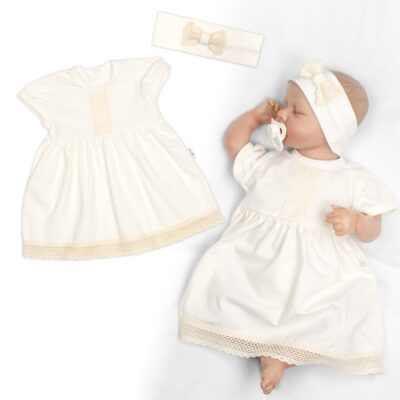 Luxusné šatôčky s čipkou Sofia, krátkym rukávom + čelenka,2D sada, smotanové, veľ. 80/86