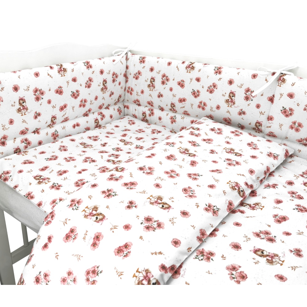 Mantinel s obliečkami do postieľky, 3D sada Bavlna, Kačičky - biela, púdrovo ružová