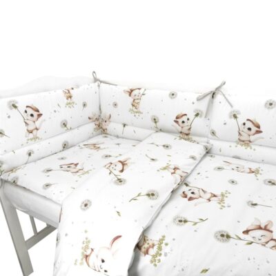 Mantinel s obliečkami do postieľky, 3D sada Bavlna, Kocúrik a púpava - biela, 135x100