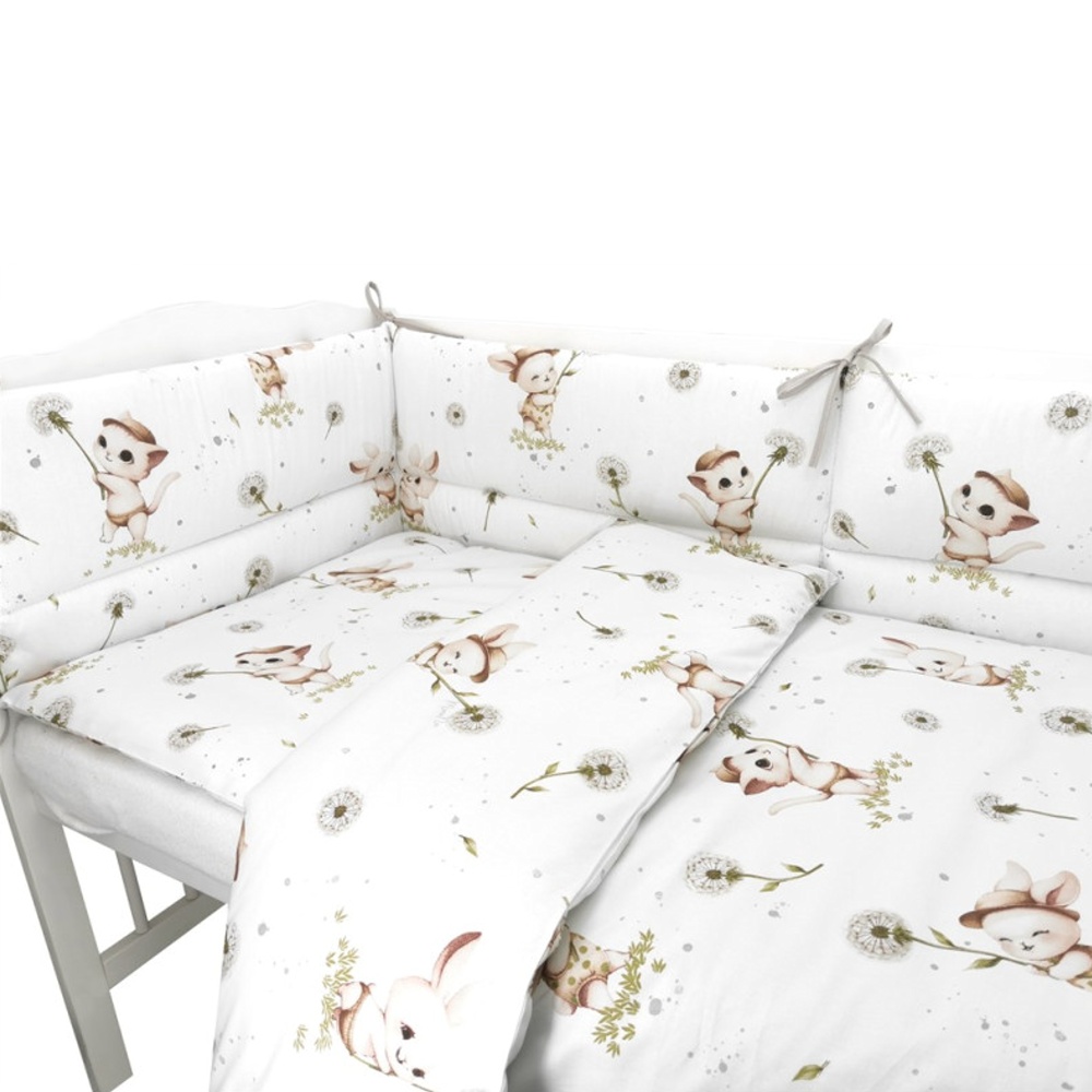 Mantinel s obliečkami do postieľky, 3D sada Bavlna, Kocúrik a púpava - biela, 135x100