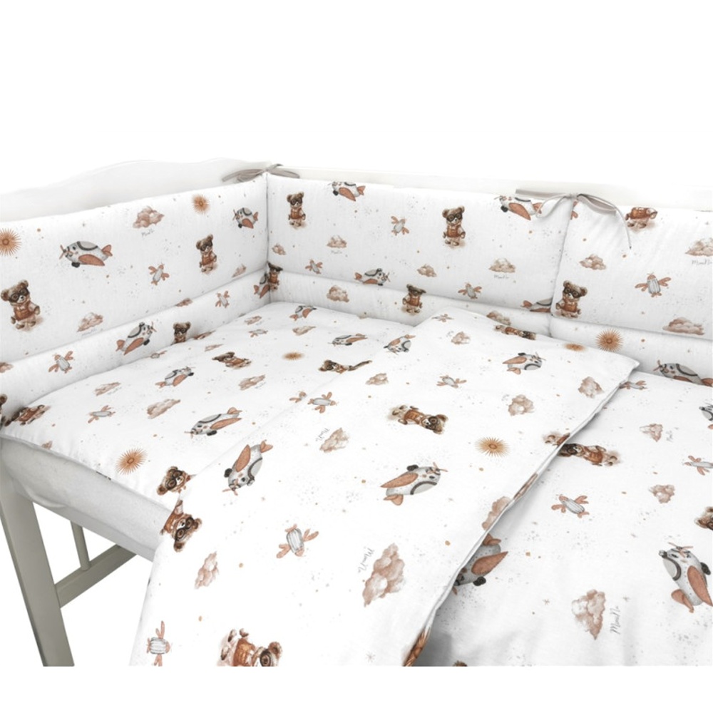 Mantinel s obliečkami do postieľky, 3D sada Bavlna, Méďa pilot - biela, béžová