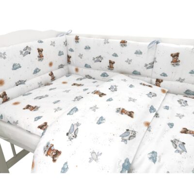 Mantinel s obliečkami do postieľky, 3D sada Bavlna, Méďa pilot - biela, modrá, 135x100