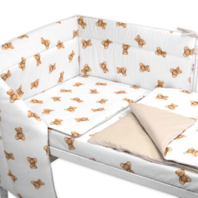 Mantinel s obliečkami do postieľky, 3D sada Bavlna, Míša - biela s potlačou, 135x100