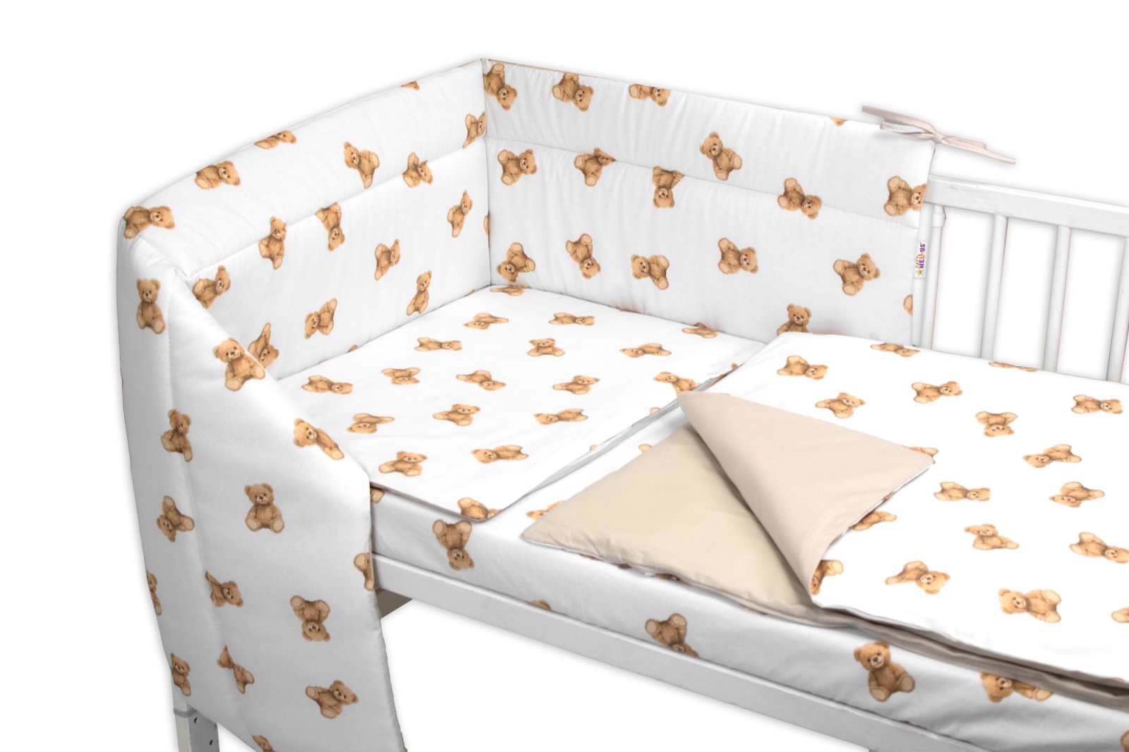 Mantinel s obliečkami do postieľky, 3D sada Bavlna, Míša - biela s potlačou, 135x100