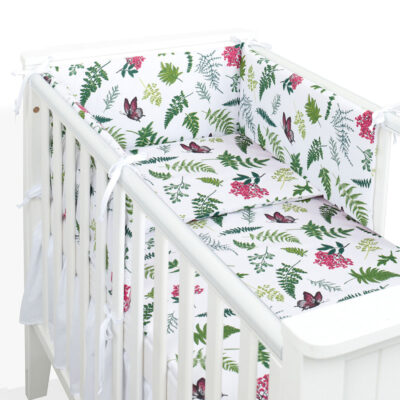 Mantinel s obliečkami do postieľky, 3D sada Bavlna, Paprade, biela/zelená, 135x100 cm