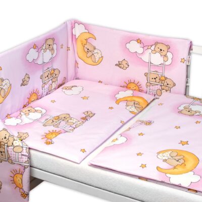 Mantinel s obliečkami Premium, Baby Nellys, 3D sada, Medvedík na rebríku, ružový,135x100cm