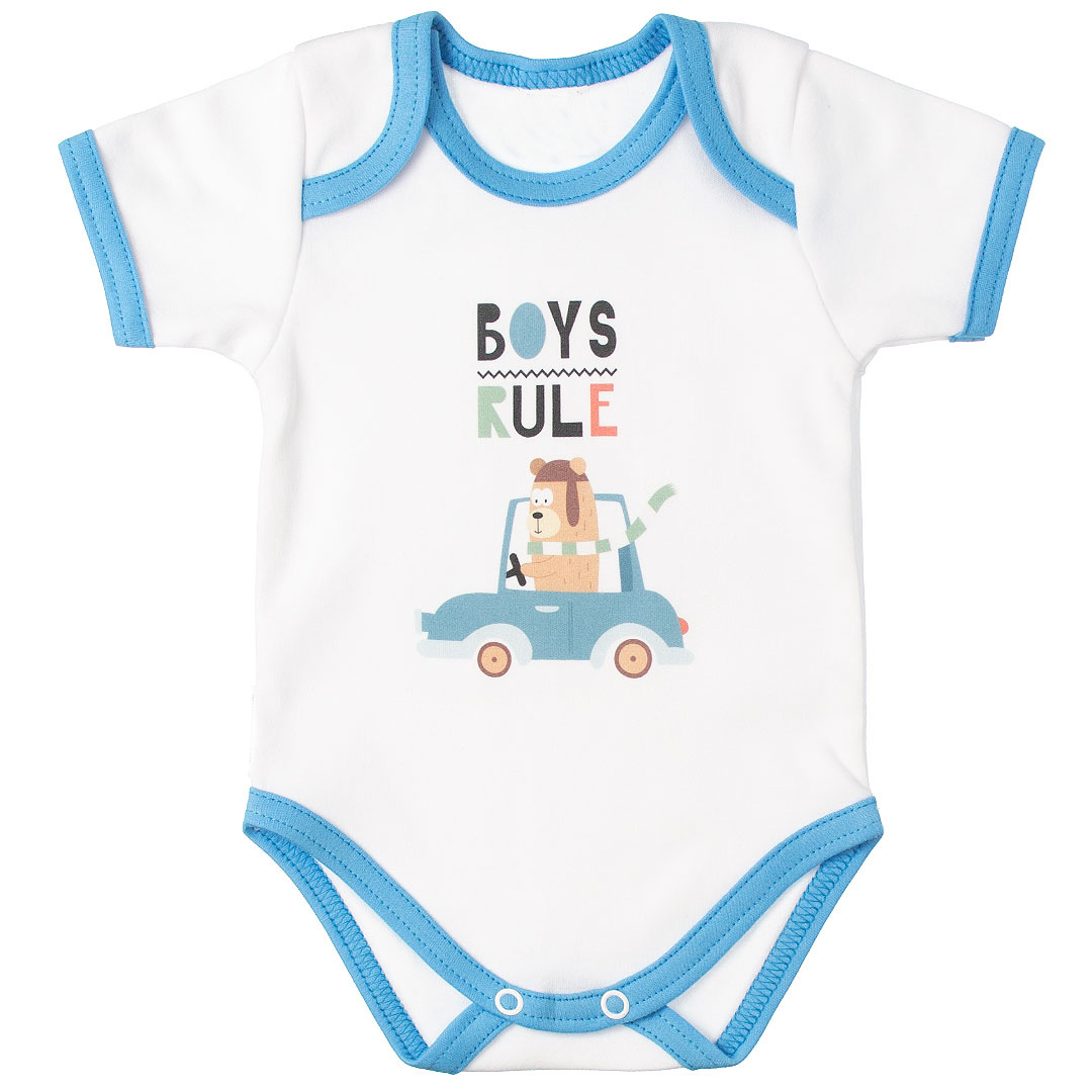 MBaby Bavlnené body s krátkym rukávom, Méďa Boys Rule, bielo/modré