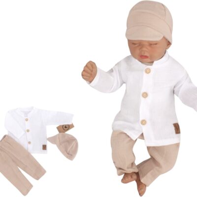 Mušelínová košeľa, nohavice + čiapky, 3D sada, Boy Z&Z, biela/piesková, veľ. 62