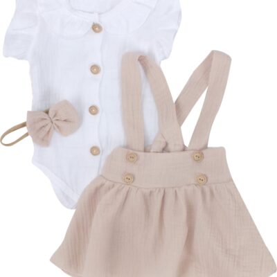 Mušelínová suknička s lacnom, bodýčko a čelenka, 3D sada, biela/béžová, veľ. 86