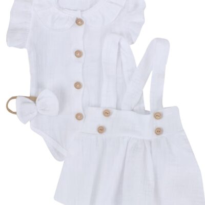 Mušelínová suknička s lacnom, bodýčko a čelenka, 3D sada, biela/biela, veľ. 80