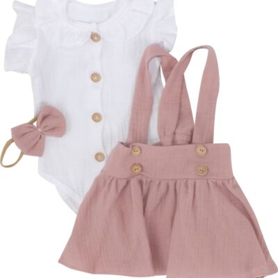 Mušelínová suknička s lacnom, bodýčko a čelenka, 3D sada, biela/staroružová, veľ. 68