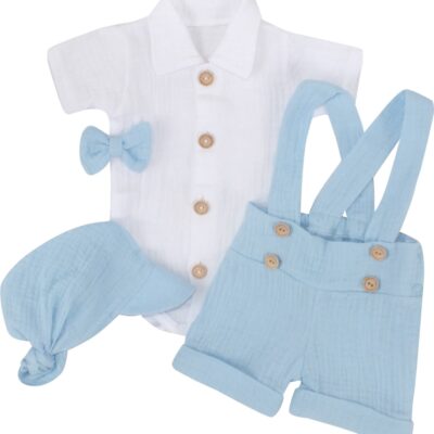 Mušelínové kraťasy s láclom, bodýčko, čiapočka, motýlik 4D sada, Z&Z, modrá/biela, veľ. 62